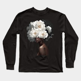 White Flower On Black Women African American Women Long Sleeve T-Shirt